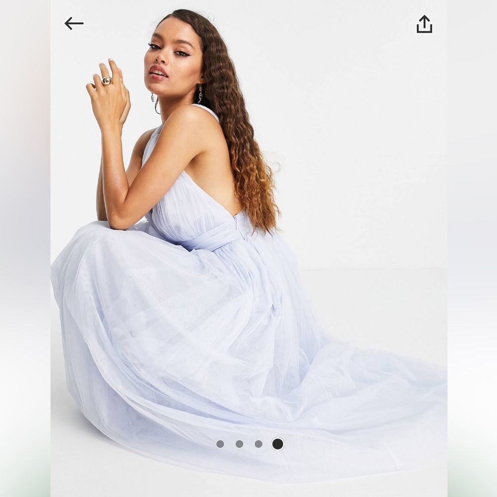 ASOS DESIGN Petite tulle plunge maxi dress with bow back detail in powder blue